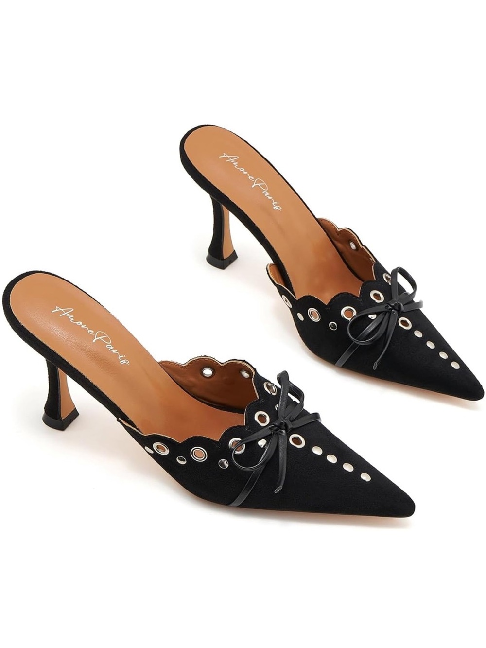 Amore Paris Black Scalloped Pointed-Toe Mule Heels with Bow